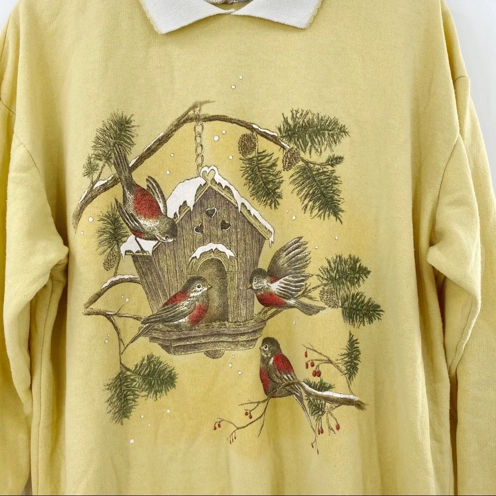 Vintage collared yellow sweatshirt with birds - Picture 2 of 5